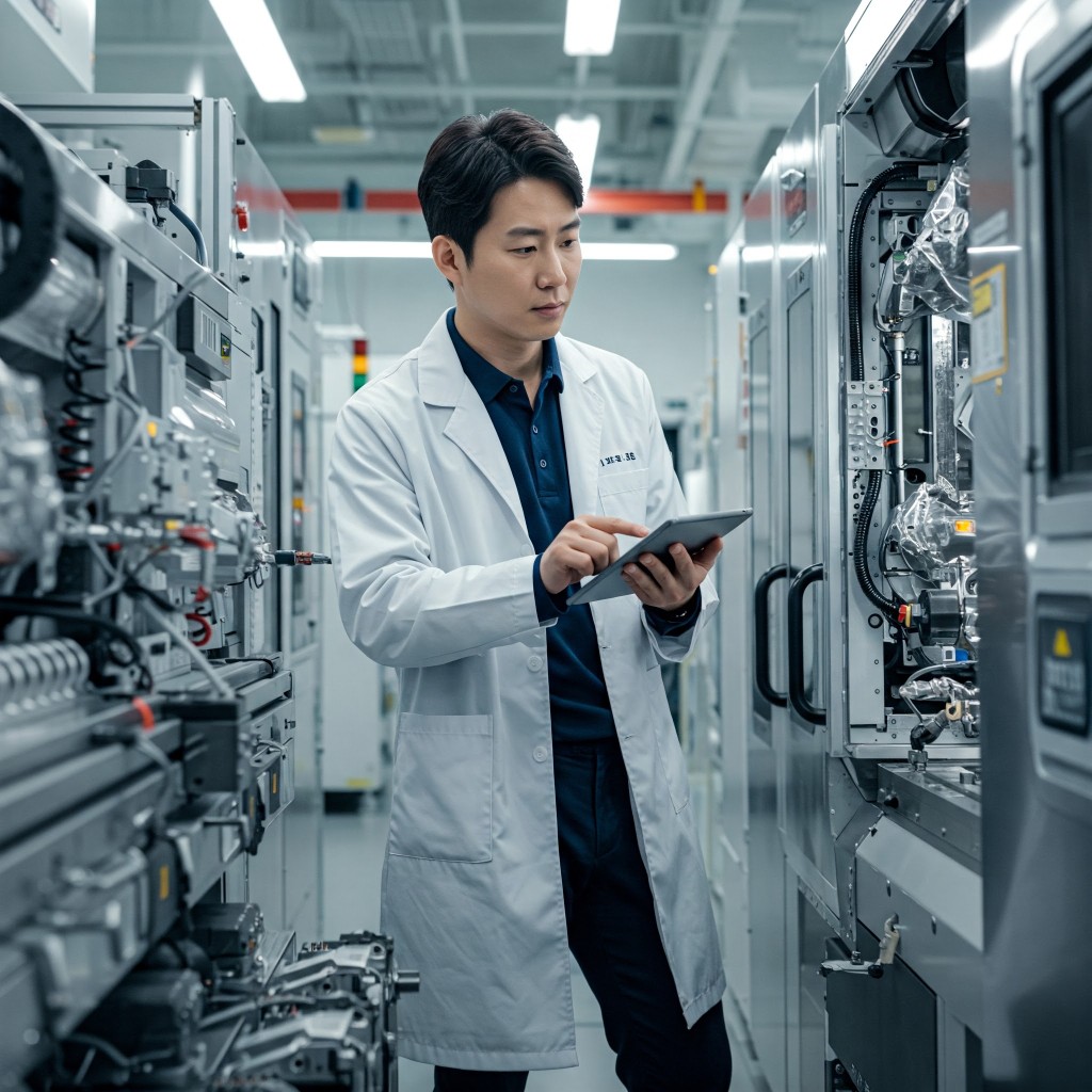 기계 설비 앞에서 디지털 기기로 작업 중인 한국인 엔지니어