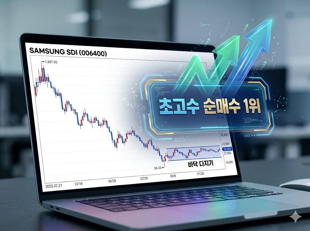트북 화면에 삼성SDI 주가 그래프가 하락 후 바닥을 다지는 모습이 떠 있고 그 위에 '초고수 순매수 1위'라는 문구와 상승 화살표가 홀로그램으로 강조된 비주얼