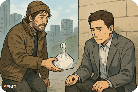 "배고프시죠. 저도 조금 전 교회 앞에서 얻었는데, 반은 나누려고요."