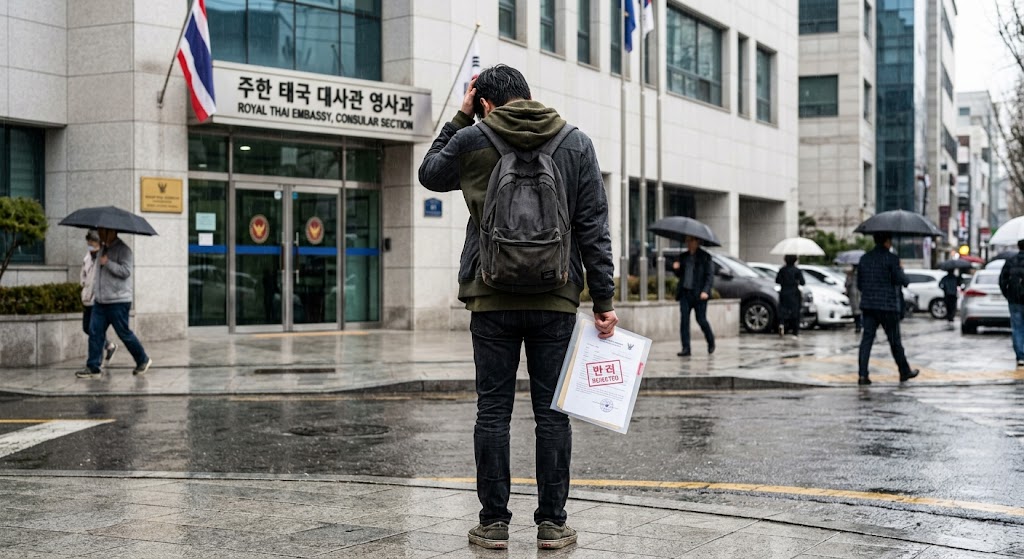 서울 주한 태국 대사관 영사과(Royal Thai Embassy, Consular Section) 건물 앞에서 한 남자가 좌절한 채 등을 지고 서 있다. 그는 한 손을 머리에 얹고 있으며, 다른 손에는 '반려 (REJECTED)'라고 찍힌 빨간색 스탬프가 있는 비자 신청 서류를 들고 있다. 비 오는 날씨 속에 대사관 건물과 국기, 우산을 쓴 사람들이 배경으로 보인다.