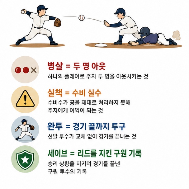 병살, 실책, 완투, 세이브 등 수비와 투수 관련 야구 용어를 설명한 이미지