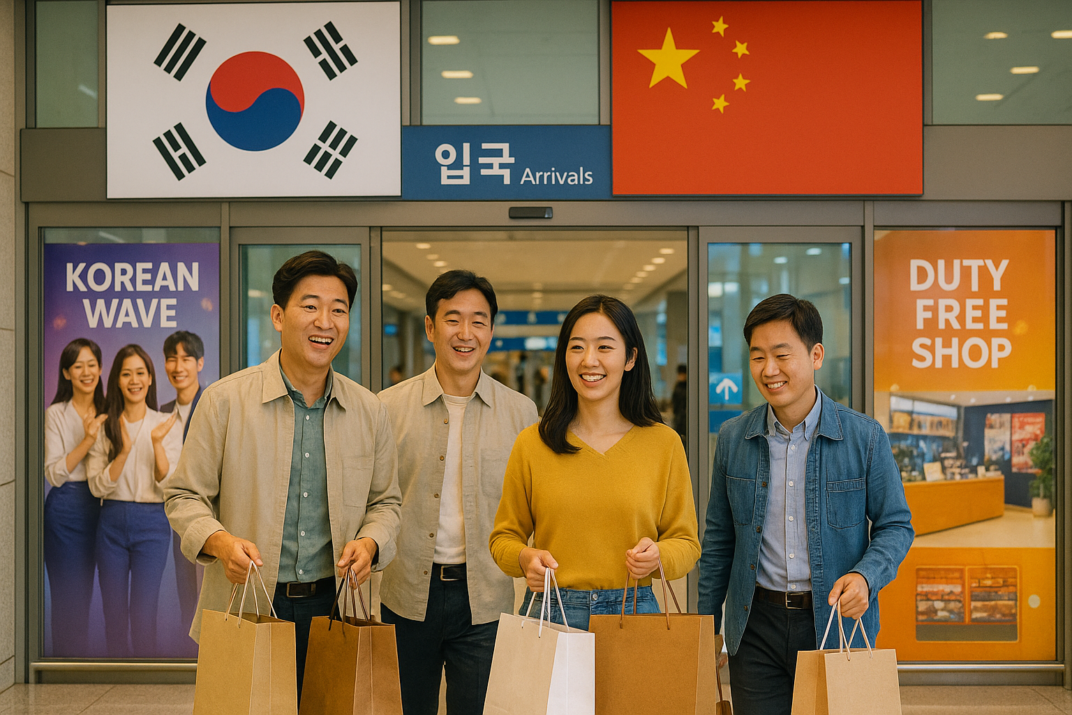 인천공항 입국장에서 양국 교류를 상징하는 관광객들