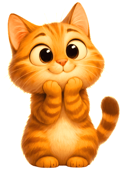 갈색 고양이가 두 손을 턱에 괸 채 앙증맞게 미소 짓는다. 두 눈을 동그랗고 귀엽게 생겼다.