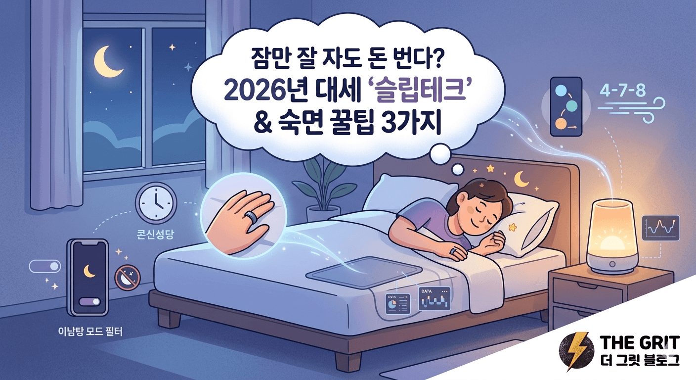 "스마트 링과 수면 측정 매트 등 슬립테크 기기를 활용해 숙면을 취하는 모습과 2026년 수면 트렌드를 설명하는 '더 그리트(THE GRIT)' 블로그 썸네일"