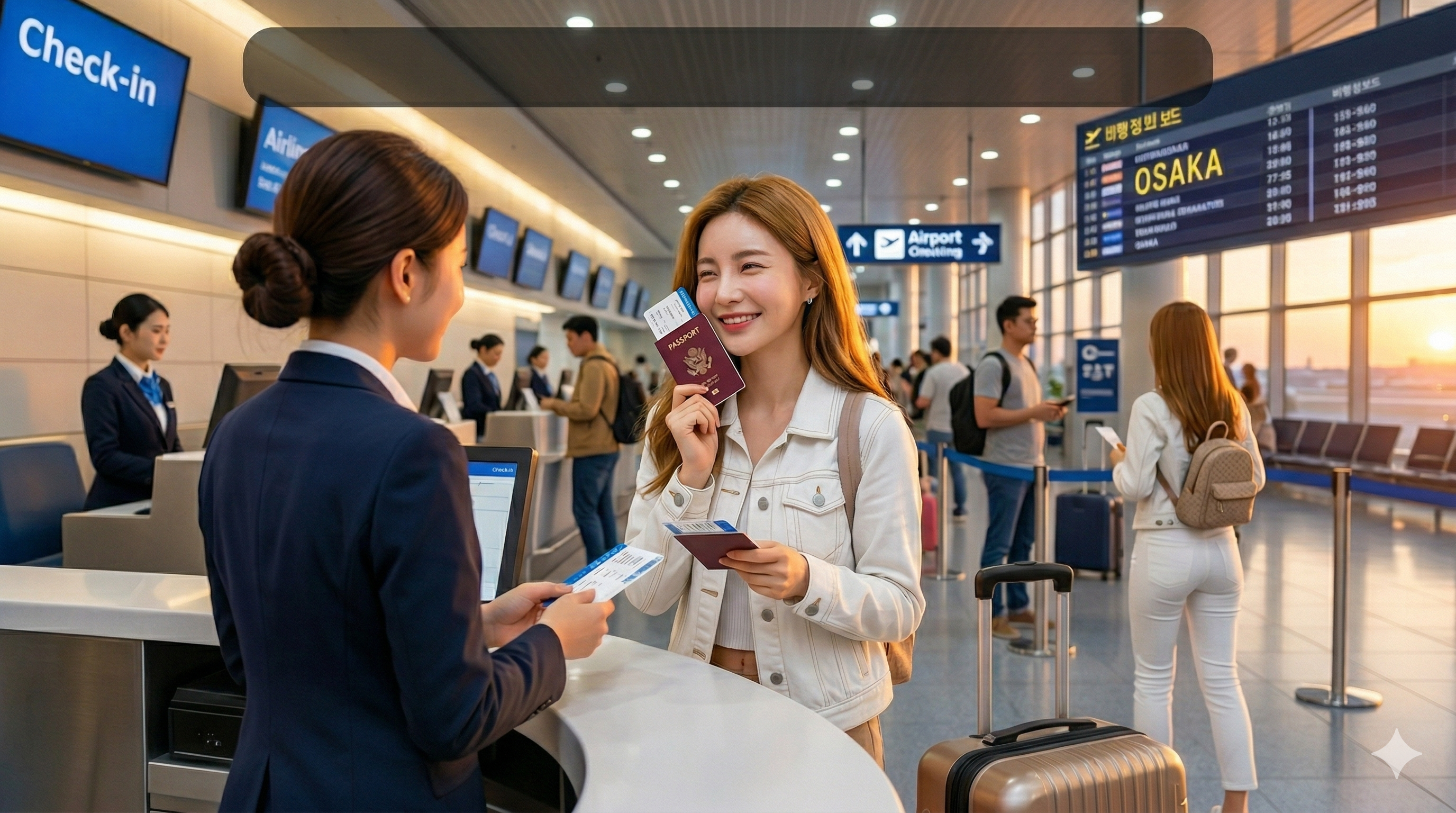 공항 체크인 카운터에서 승무원에게 여권과 탑승권을 확인받으며 환하게 미소 짓는 여성 여행자의 모습. 배경의 출국 전광판에는 목적지 'OSAKA(오사카)'가 선명하게 적혀 있으며, 뒤편으로는 화이트 청바지를 입고 배낭을 멘 또 다른 여행자의 설레는 뒷모습이 보인다.