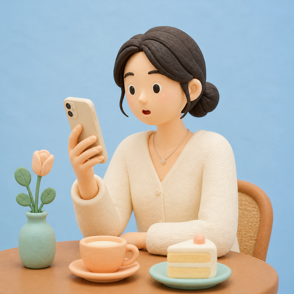 카페 테이블에서 통화하다 놀란 듯 휴대폰을 바라보는 30대 여성