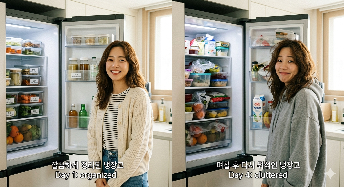 깔끔하게 정리된 냉장고 옆에 며칠 후 다시 뒤섞인 냉장고 내부를 비교한 모습