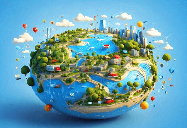 하늘색 지구촌을 납작한 원형으로 그렸다. 지구촌 위에는 푸른 나무들과 높은 빌딩들, 호수가 가득하고, 하늘에는 빨간 풍선기구들이 떠 있다.