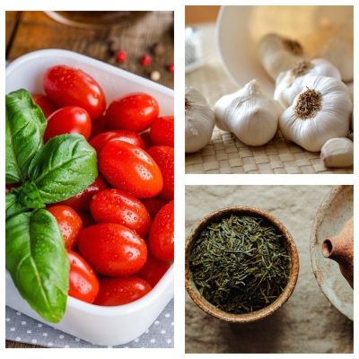 황산화 성분이 풍부한 음식: 토마토, 마늘, 녹차(왼쪽부터)