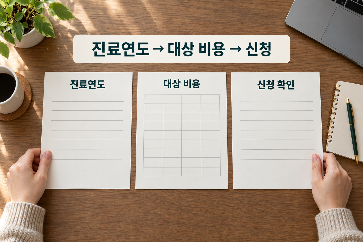 진료연도 메모와 비용 서류를 정리한 뒤 본인 신청 상태를 확인하는 책상