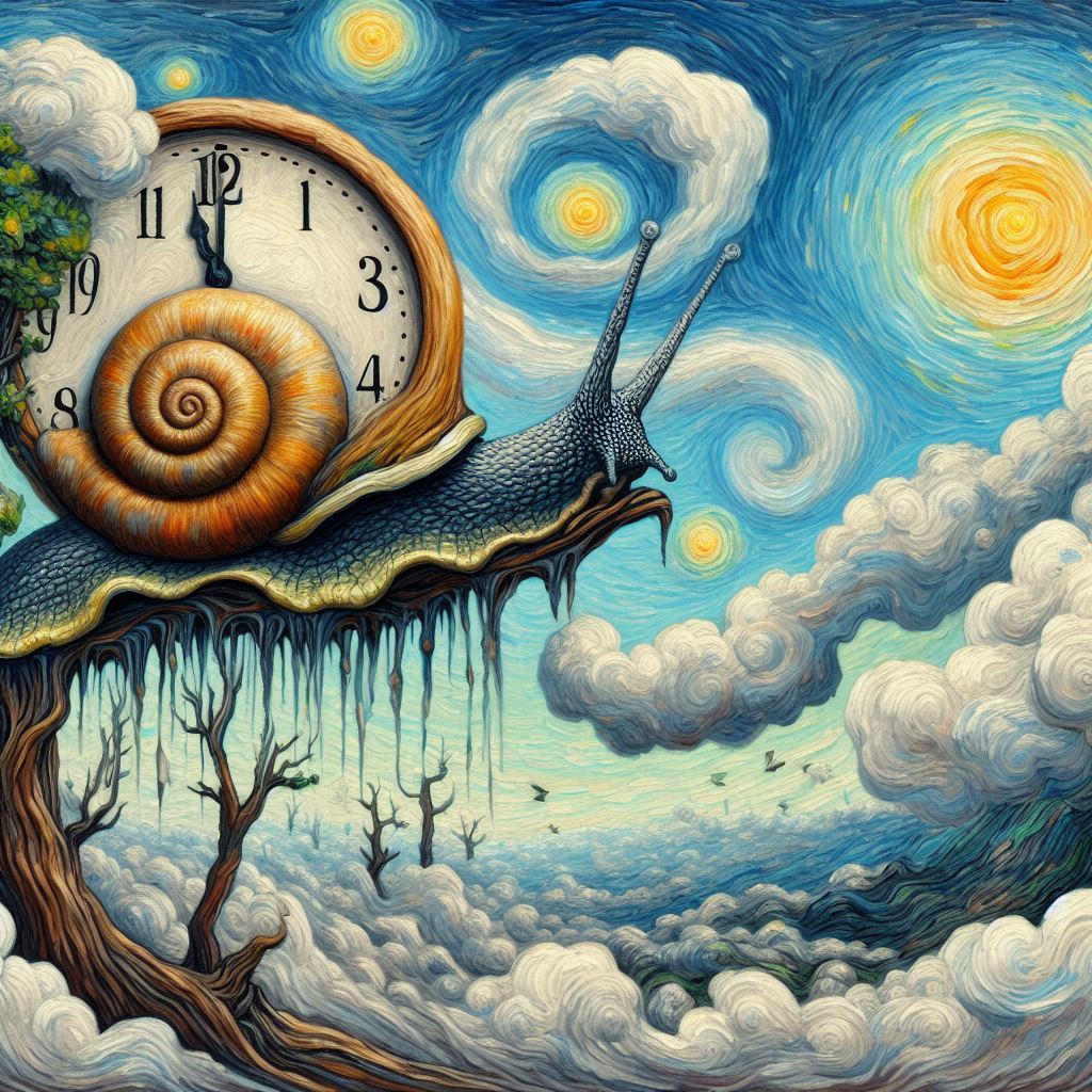 달팽이 모양으로 감긴 시계가 나무에 매달려 모래처럼 흐르는 구름을 바라봄 - 초현실&amp;#44; 반고흐스타일&amp;#44; 임파스토1