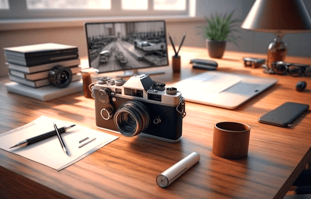 나무 책상에 카메라 노트북 휴대폰 책들 펜들이 있다. 사무실 풍경이다.