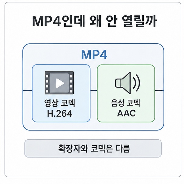 MP4 컨테이너 안에 H.264 영상 코덱과 AAC 음성 코덱이 들어 있는 구조와 확장자와 코덱의 차이를 설명한 그림