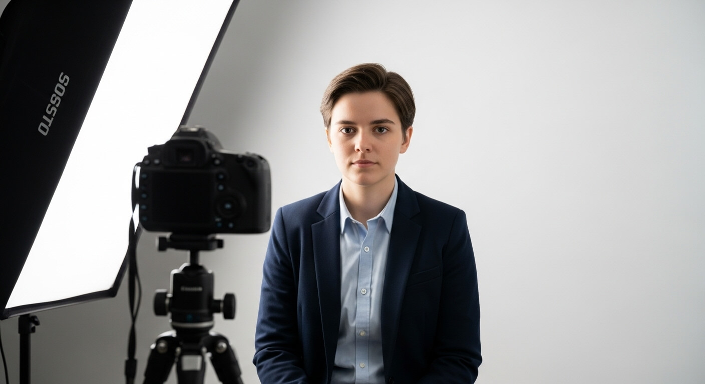 흰색 배경에서 증명사진 촬영을 준비하는 사람