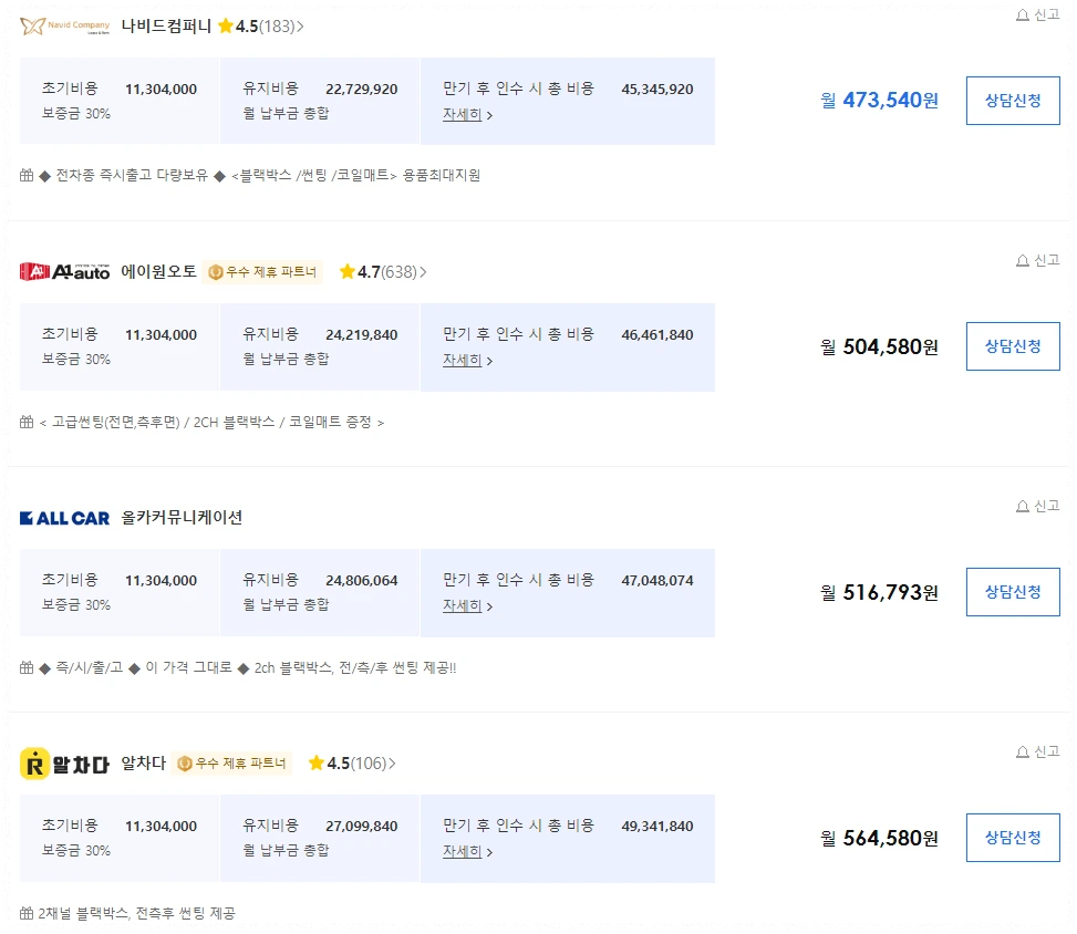 다나와자동차 장기렌트 가격비교