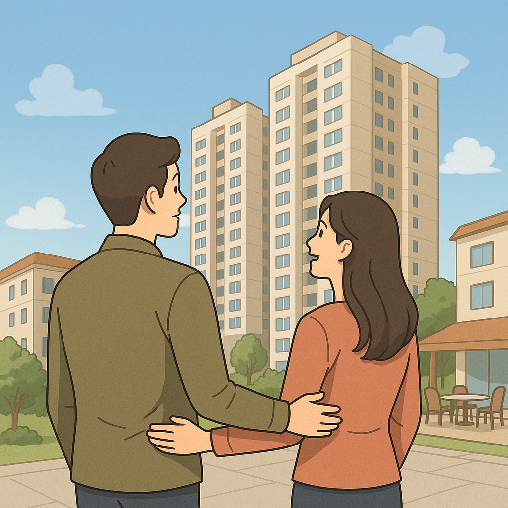 신혼부부가 서로를 감싸 안은 채 아파트 단지를 바라보는 장면 일러스트 배경, 배경에는 고층 아파트와 푸른하늘