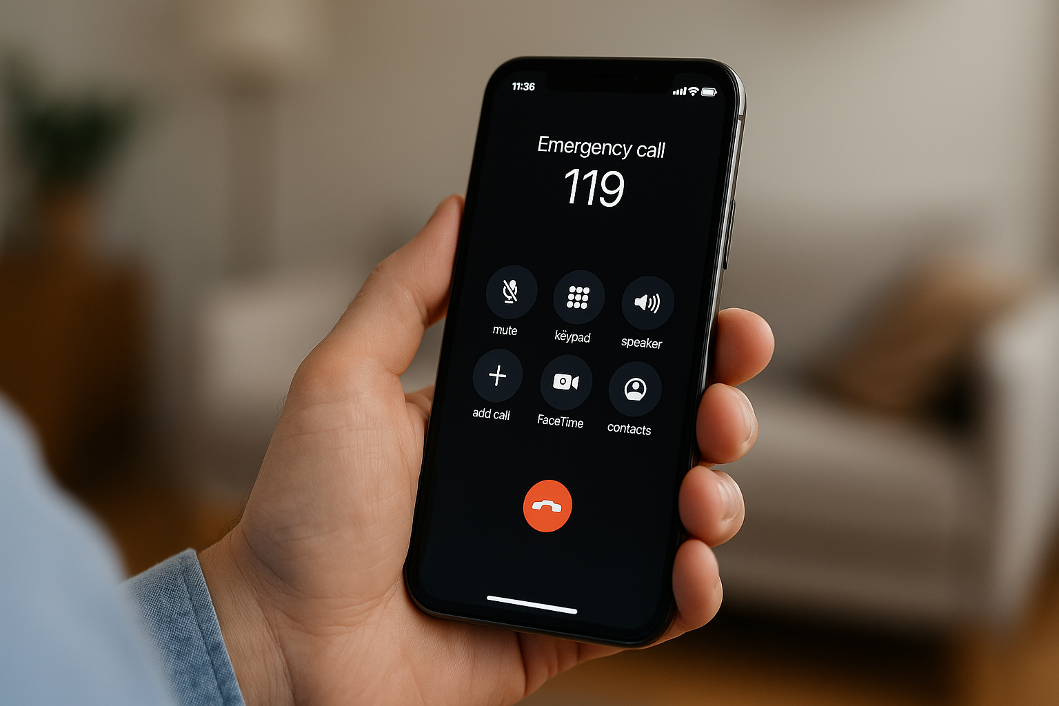 119에 신고 중인 스마트폰 화면을 손에 들고 있는 모습