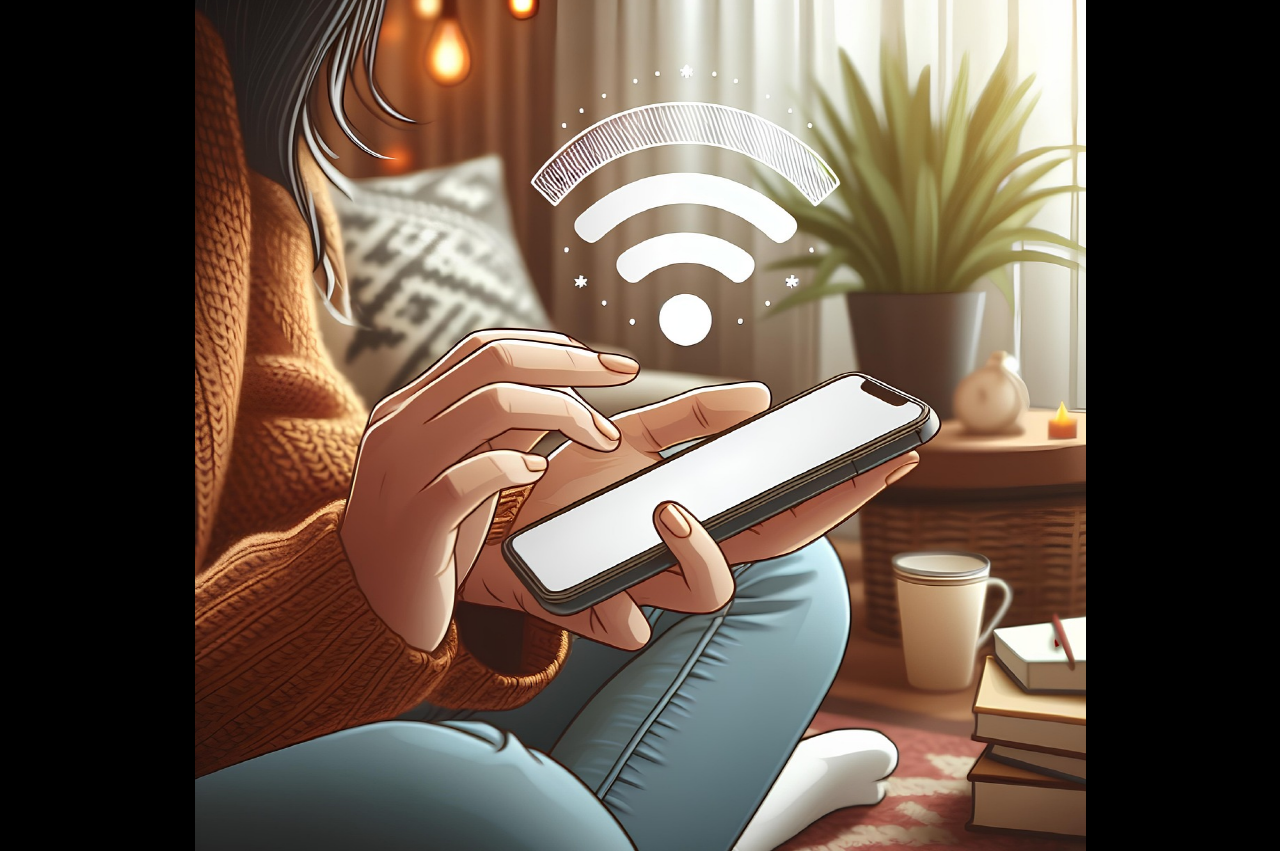 한 여성이 휴대폰을 들고 와이파이 표시가 되어 있는 이미지