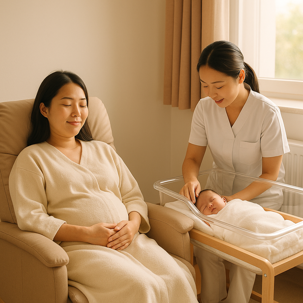 산모 회복과 신생아 돌봄 장면 – 아늑하고 안전한 산후조리실 풍경