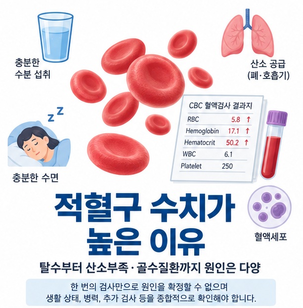 적혈구 수치가 높은 이유와 적혈구 혈액검사 탈수 산소부족을 함께 보여주는 교육용 이미지