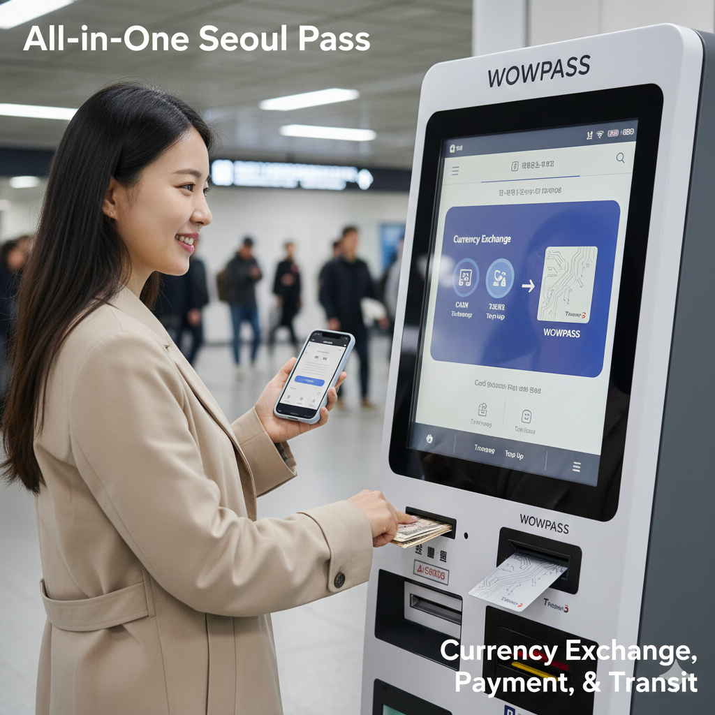A traveler using a WOWPASS kiosk for instant currency exchange and payment card issuance.
