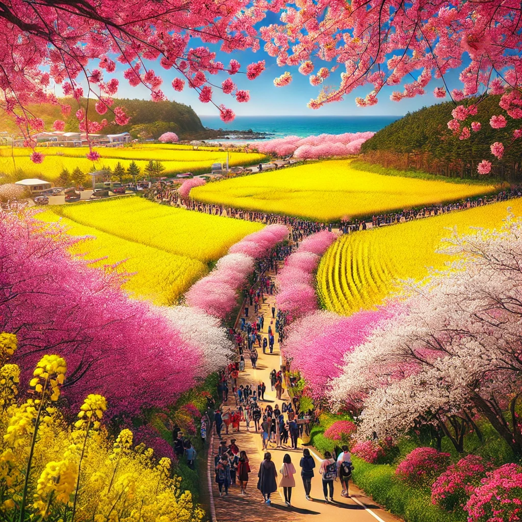 만개한 제주도의 벚꽃과 유채꽃이 어우러진 풍경, 그 속에서 북적이는 관광객들