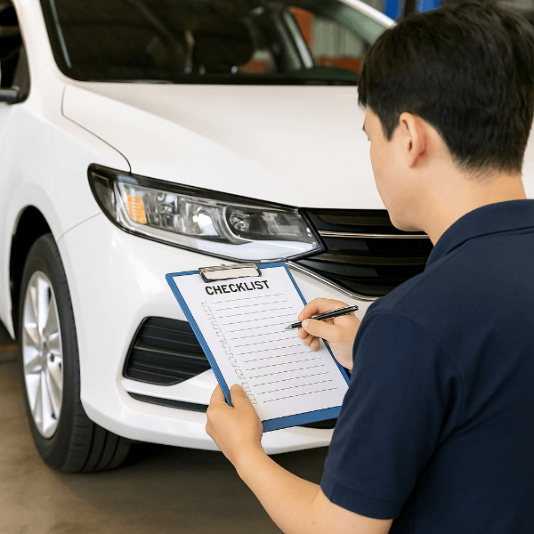 한국인 운전자가 자동차 정기검사 체크리스트를 작성하는 모습