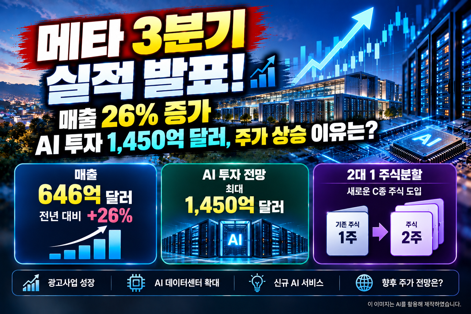 2026년 메타 플랫폼스 3분기 실적 발표에서 매출 26% 증가, AI 설비투자 최대 1,450억 달러 전망, 새로운 C종 주식 도입과 2대 1 주식분할 효과 및 주가 상승 배경을 정리한 대표 이미지.