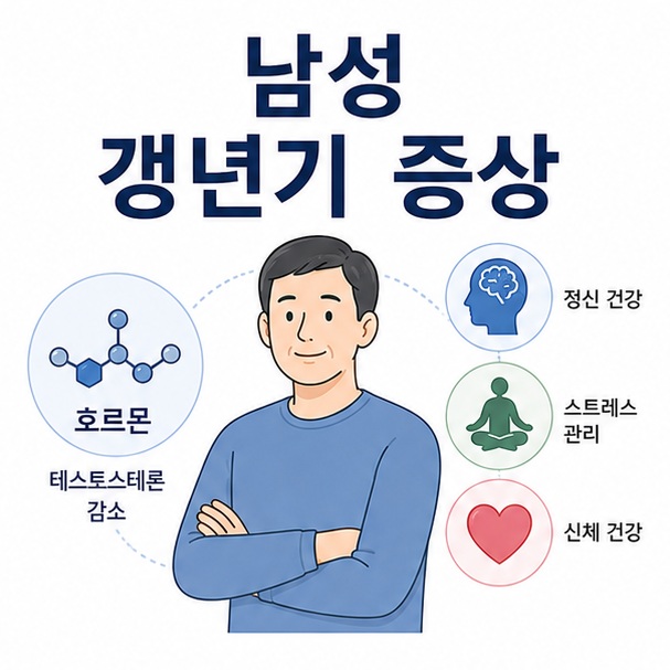 중년 남성과 호르몬 아이콘을 함께 배치해 남성 갱년기 증상을 설명하는 대표 이미지