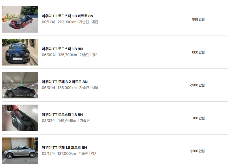 아우디 TT 중고차 가격 시세표 고속 시내 연비