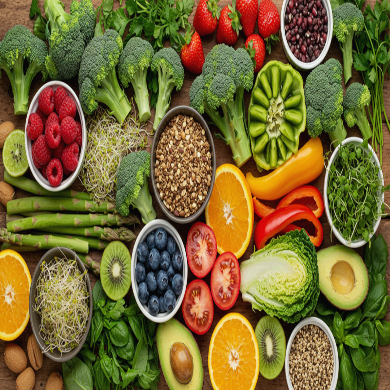 다양한 슈퍼푸드와 신선한 채소, 과일이 아름답게 배열된 상차림 이미지입니다. 브로콜리, 아스파라거스, 아보카도, 파프리카, 상추 같은 채소와 딸기, 블루베리, 라즈베리, 오렌지, 키위 등 색감이 풍부한 과일이 함께 놓여 있습니다. 곡물, 견과류, 새싹채소까지 포함되어 있어 균형 잡힌 영양과 항산화 식품의 가치를 강조합니다. 건강식, 다이어트, 비건 식단, 웰빙 라이프스타일을 대표적으로 보여주는 장면