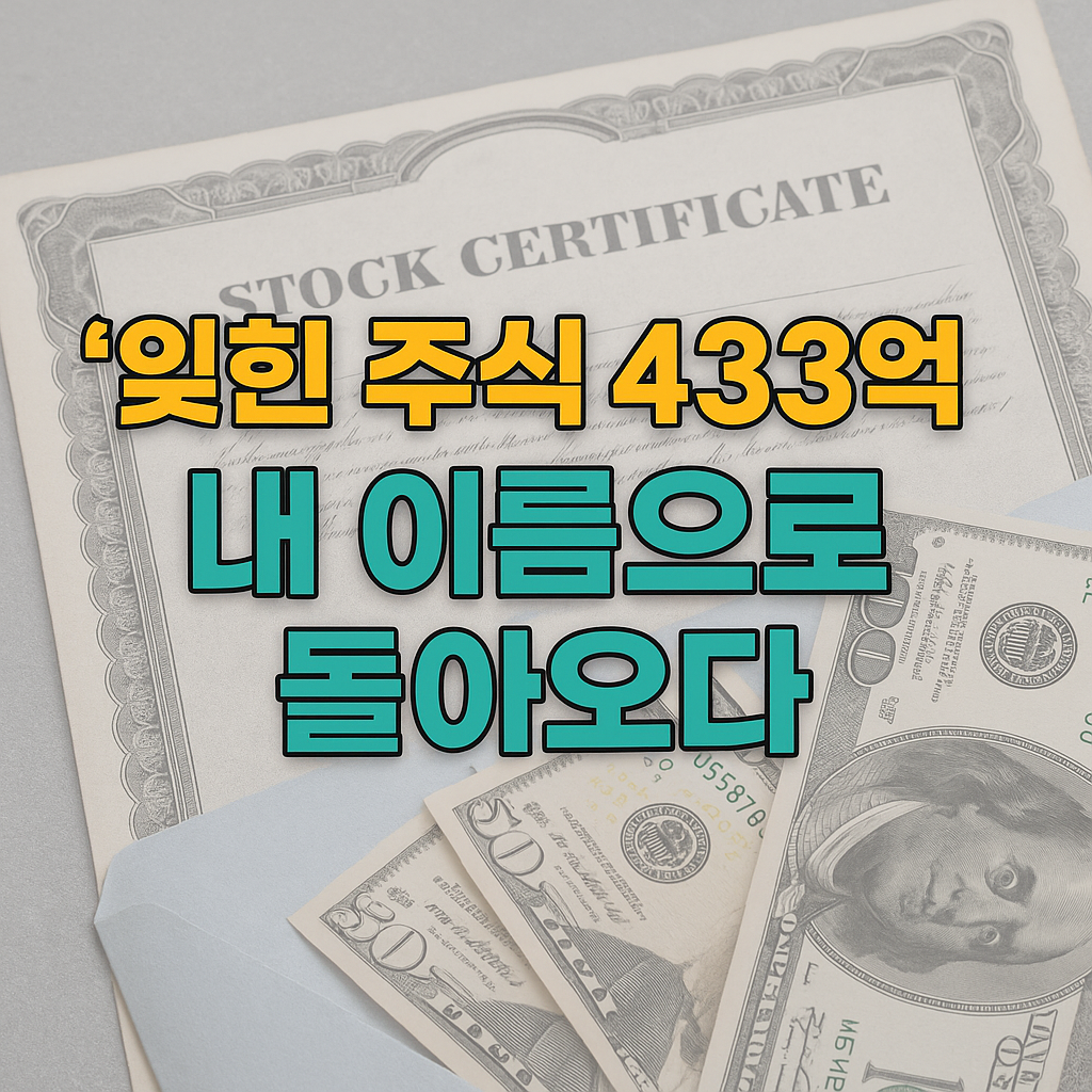 금융서류와 주식증서를 들고 미소 짓는 남성의 모습, ‘잊힌 주식 433억 주인 품으로’라는 문구가 들어간 금융뉴스형 썸네일
