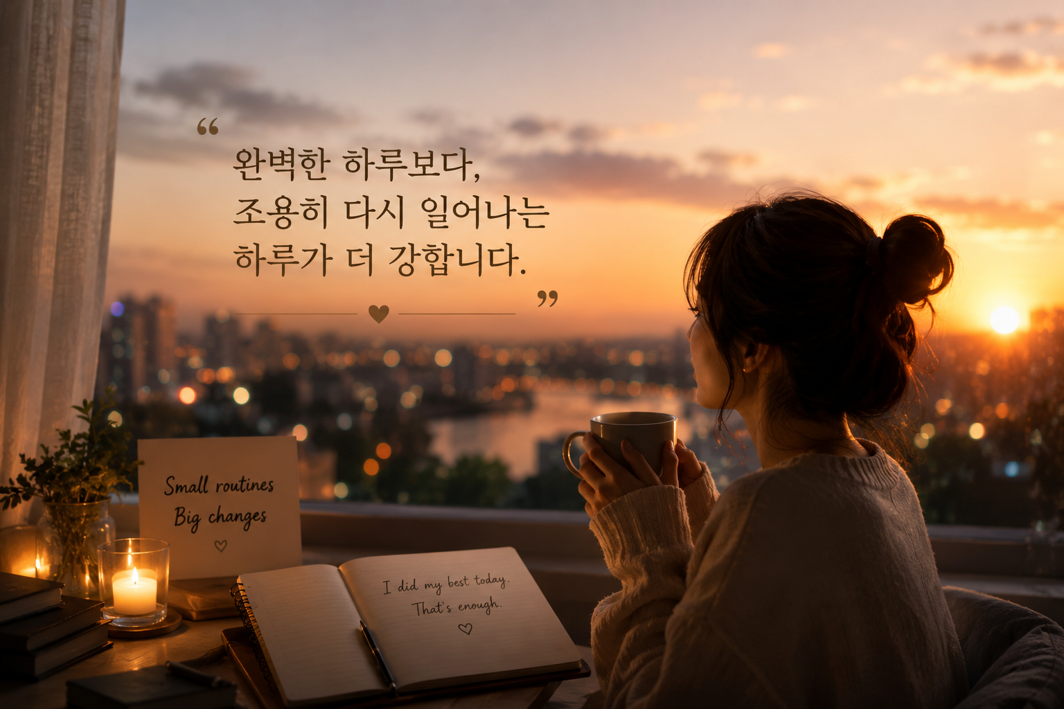노을이 지는 창가에서 따뜻한 조명을 받으며 커피를 들고 창밖 도시를 바라보는 여성의 모습과 함께 &ldquo;완벽한 하루보다 조용히 다시 일어나는 하루가 더 강합니다&rdquo;라는 메시지가 담긴 감성 에세이 엔딩 장면 이미지