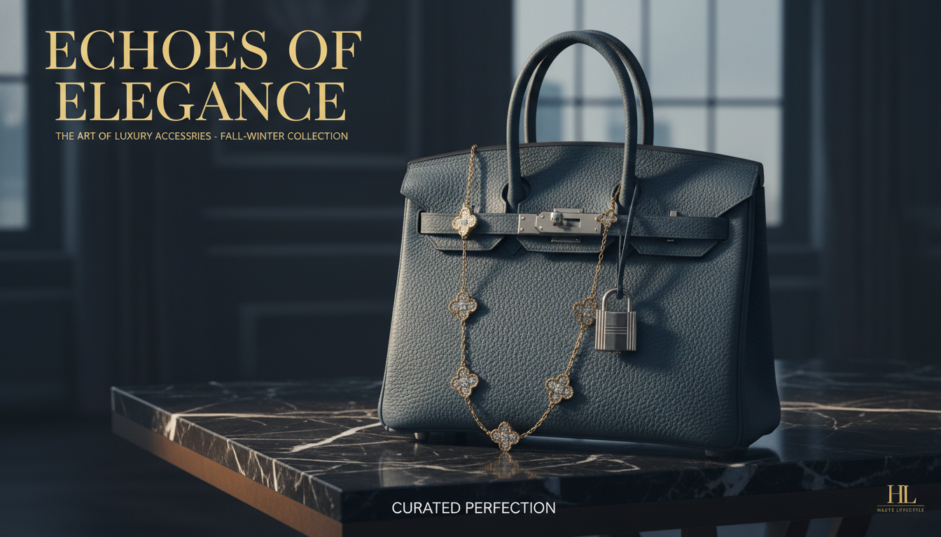 블루 그레이 톤의 고급 가죽 핸드백과 네잎클로버 모티브 목걸이가 대리석 테이블 위에 놓여 있는 럭셔리한 화보 이미지