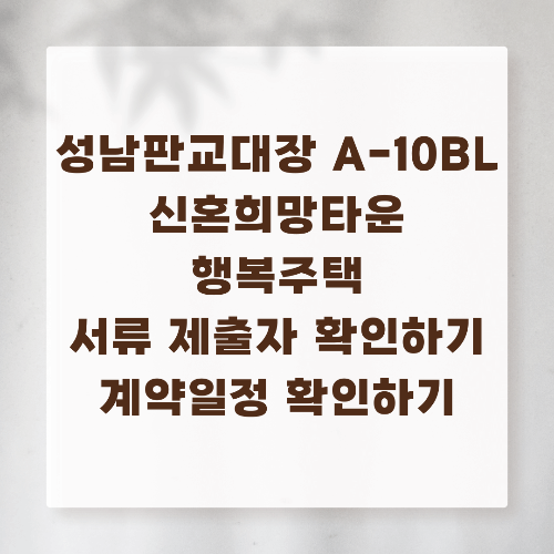 성남판교대장 A-10BL
신혼희망타운
행복주택
서류 제출자 확인하기
계약일정 확인하기