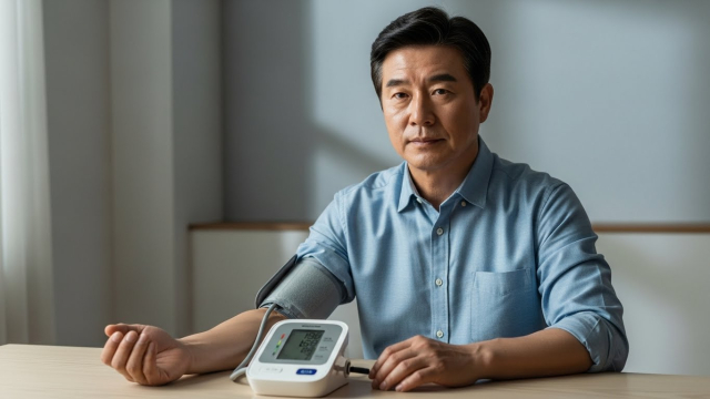 혈압계를 차고 있는 중년 남성