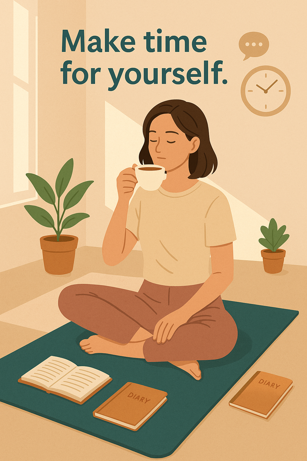 햇살이 드는 방 안에서 요가 매트 위에 앉아 따뜻한 음료를 마시며 여유를 즐기는 여성의 모습. 주변엔 다이어리와 식물 화분이 놓여 있어 자기 돌봄의 시간을 표현한 감성 일러스트.