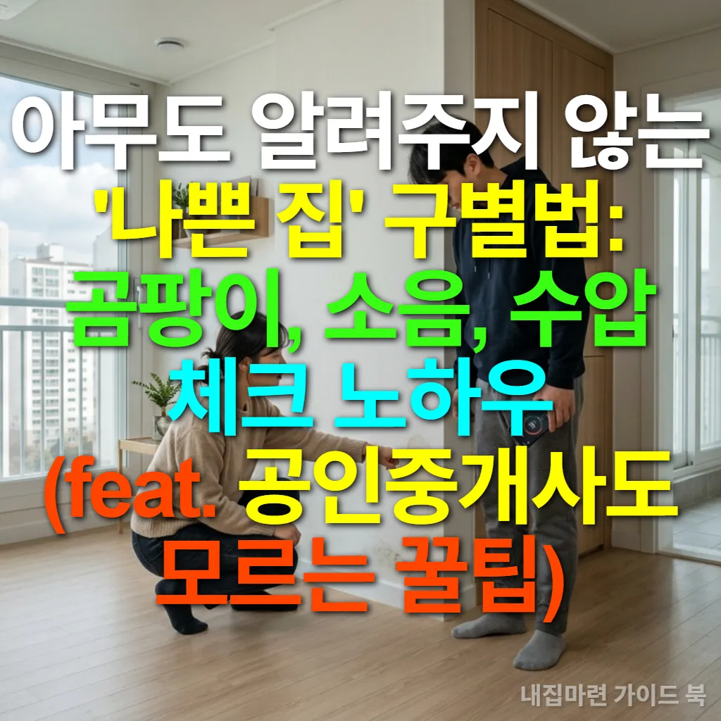 한국인 젊은 부부가 아파트 내부를 꼼꼼히 살펴보는 모습. 여자는 벽의 변색된 부분을 가리키고 남자는 스마트폰으로 소음을 측정하는 듯한 장면.