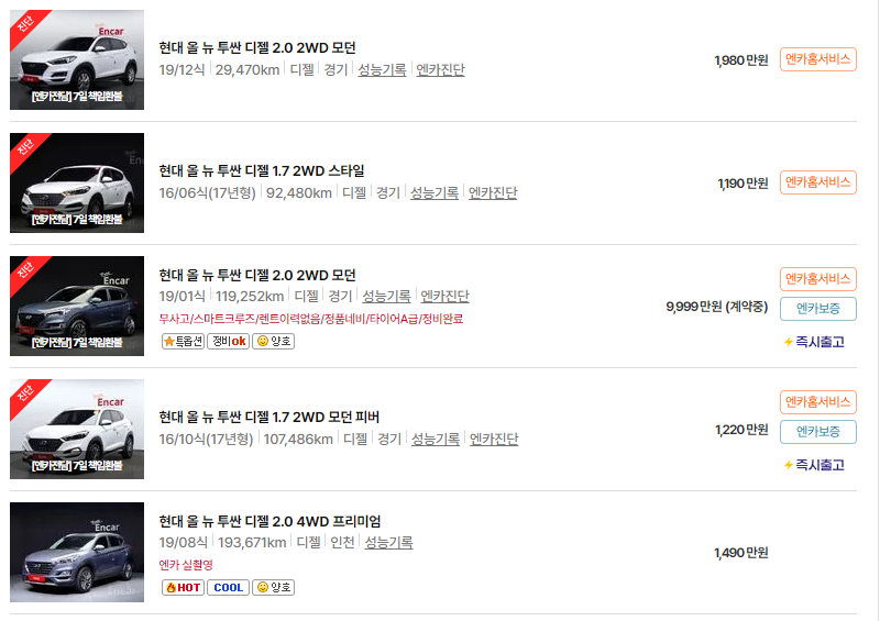 현대 투싼 중고차 가격 시세표 24년10월