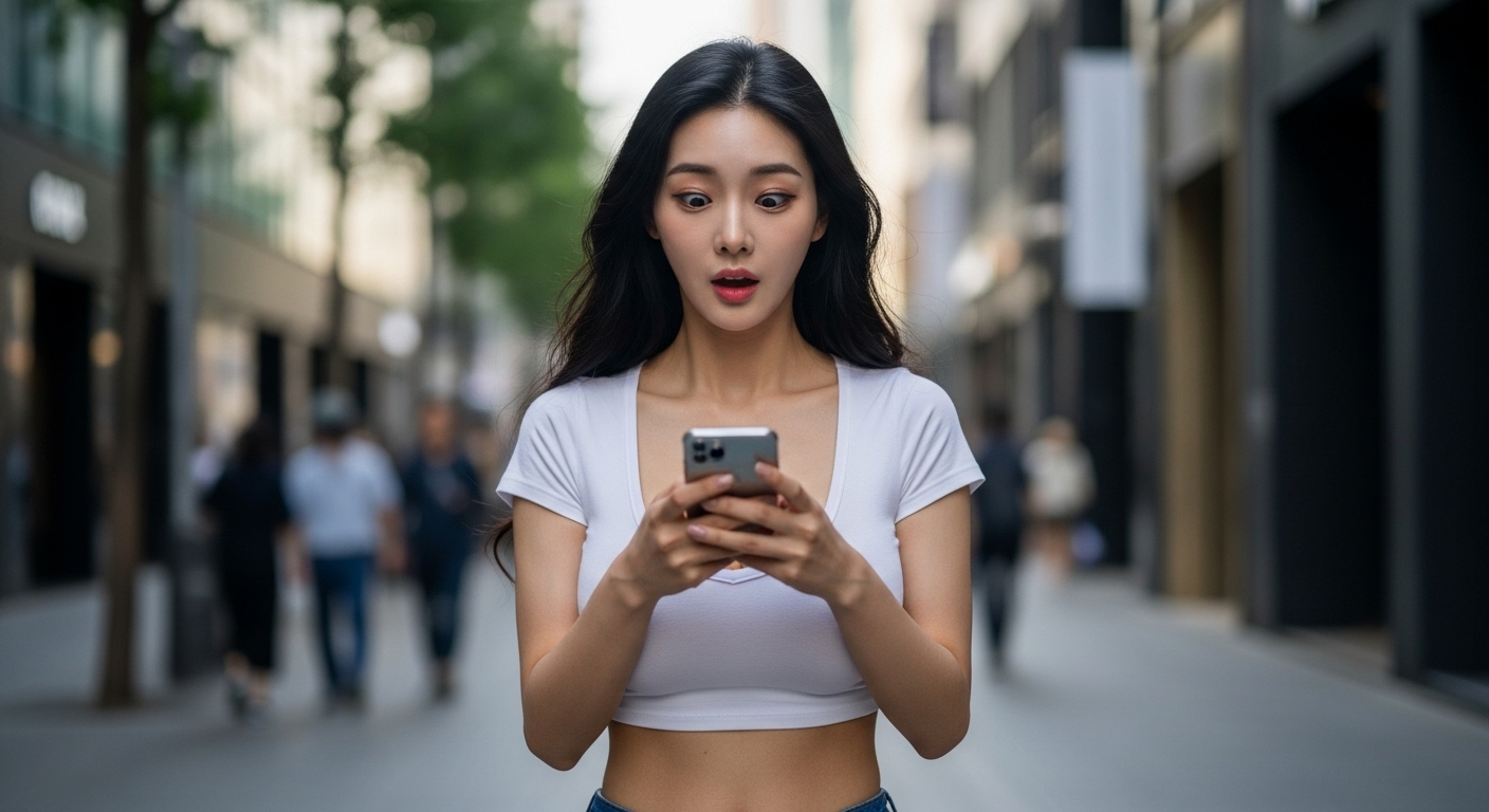 스마트폰을 보며 놀라는 여성