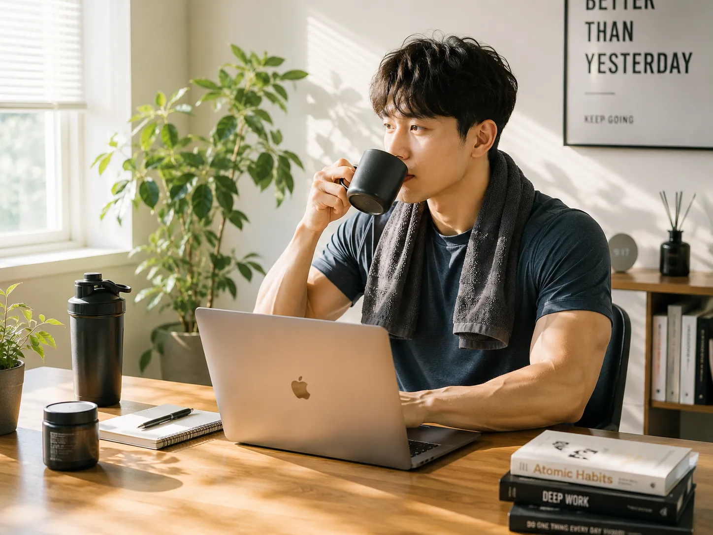 운동 후 커피를 마시며 책상에서 집중하는 아침 풍경