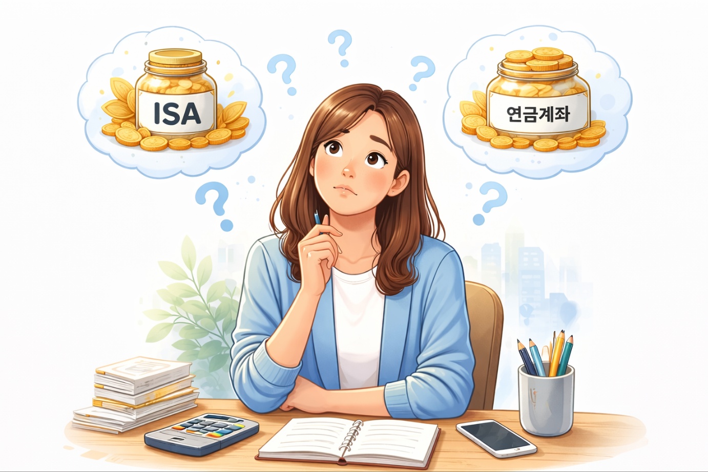 ISA 계좌와 연금계좌 선택을 두고 고민하는 개인 투자자의 상황을 묘사한 일러스트로, 재테크 계좌 배치 결정을 상징적으로 표현한 이미지