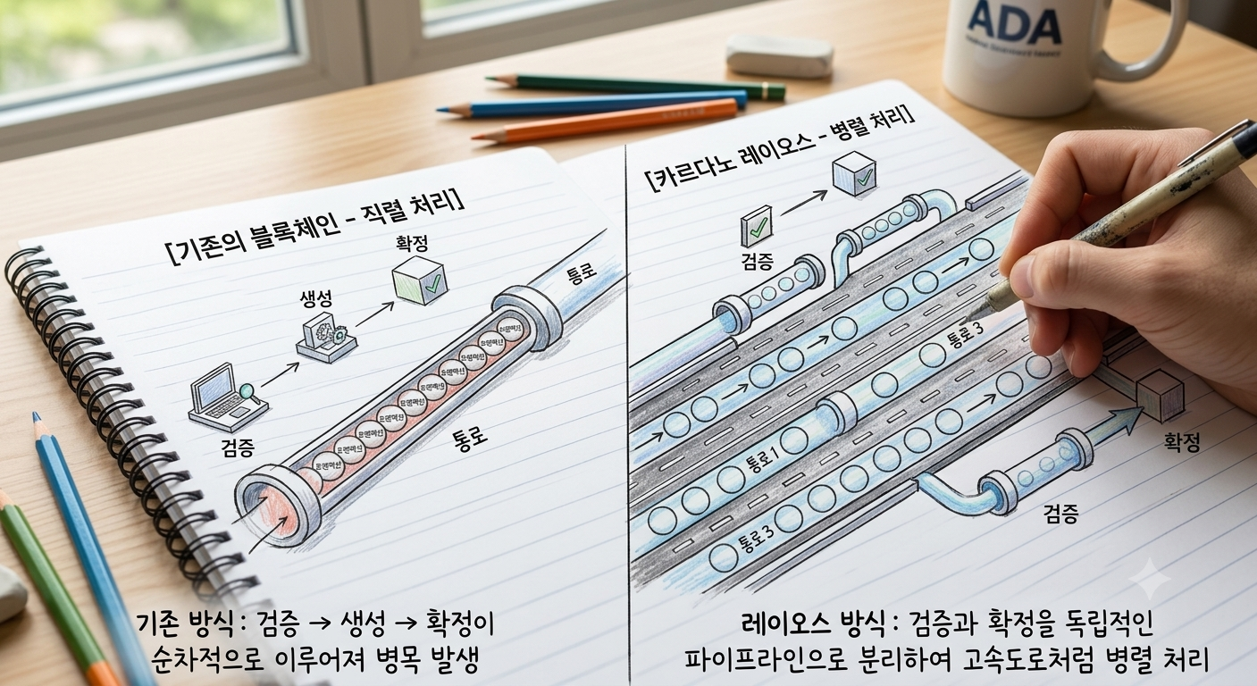 왼쪽: 기존 블록체인의 직렬 처리 방식(한 줄로 검증 및 생성), 오른쪽: 카르다노 우로보로스 레이오스의 병렬 처리 방식(여러 독립적인 파이프라인으로 나뉘어 고속으로 처리)