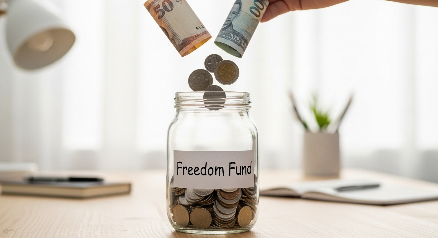 '자유 펀드'라고 적힌 유리병에 저축한 돈을 넣고 있는 모습