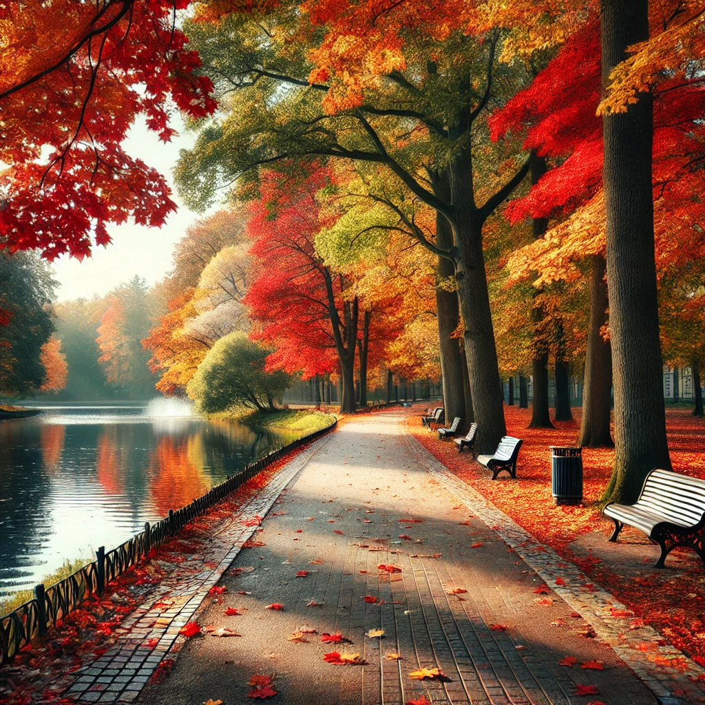 산책로를 따라 늘어선 단풍나무와 호수가 있는 아름다운 가을 공원
