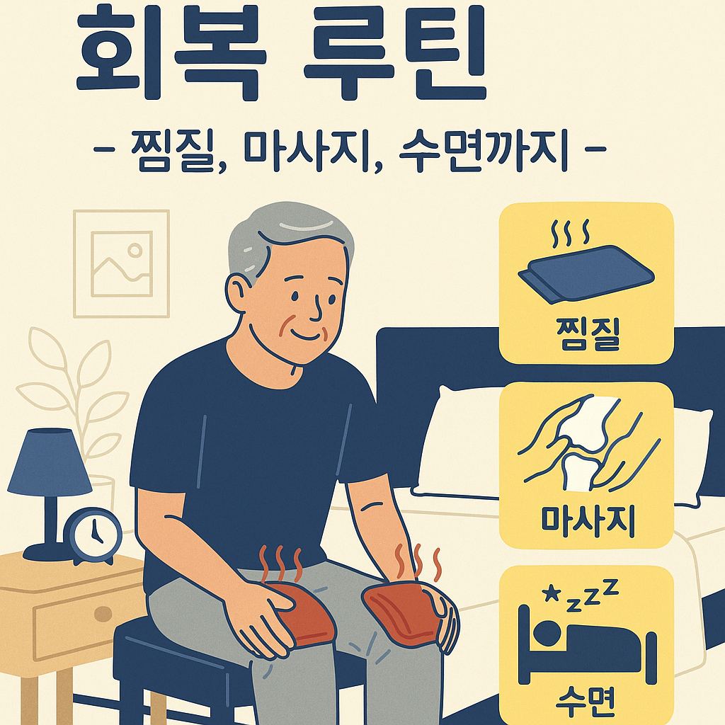 중년 남성이 무릎 온찜질을 하며 스트레칭과 마사지를 실천하고 있는 장면을 인포그래픽 스타일로 표현한 일러스트