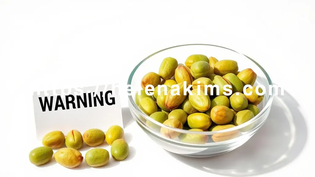 하얀색 배경 위에, 잘 구워진 은행 알맹이 10~15개 정도가 깨끗한 유리 볼에 담겨 있으며, 그 옆에 손바닥만한 영어로 'WARNING' 문구가 적힌 표지판이 작게 놓여 있는 깔끔한 모습.