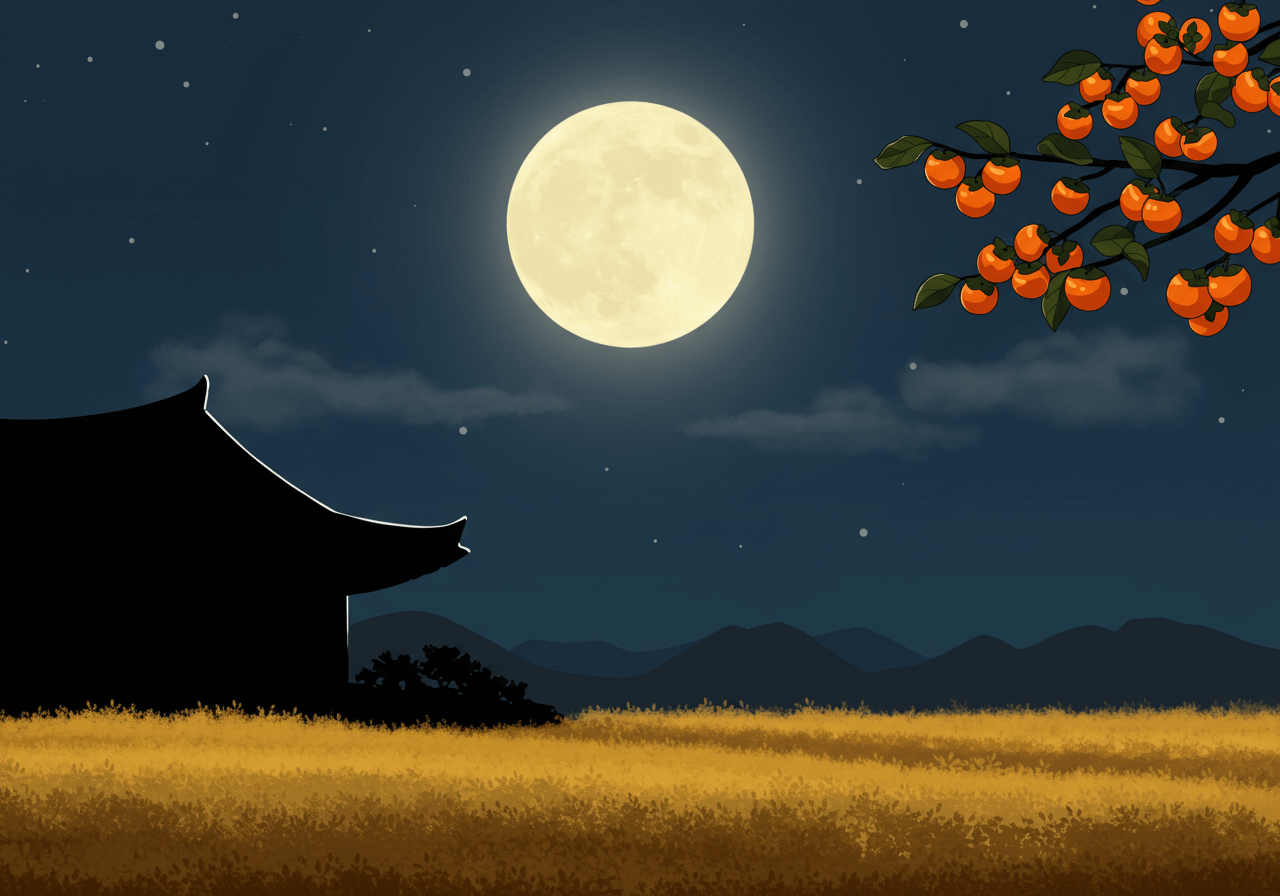 추석을 상징하는 둥근 보름달이 떠 있는 밤하늘과 황금빛 들녘, 감나무 가지가 함께 어우러진 전통적인 풍경