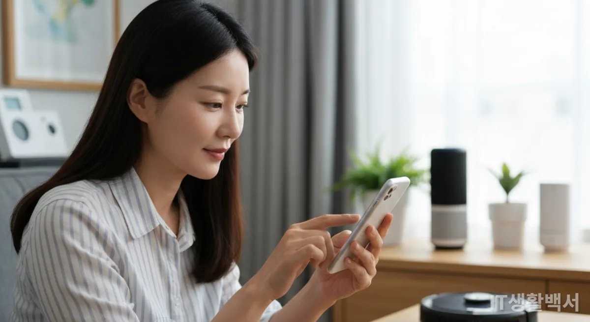 스마트폰 앱으로 스마트홈 기기를 제어하는 한국 여성의 모습