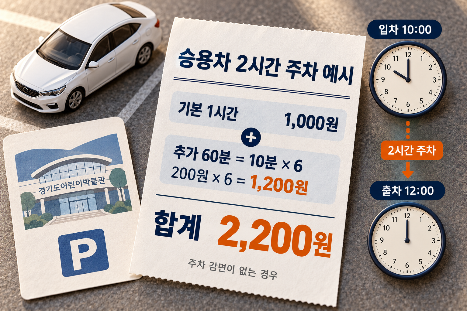 승용차2시간 주차료 기본1000원과 초과1200원을 더한2200원 계산